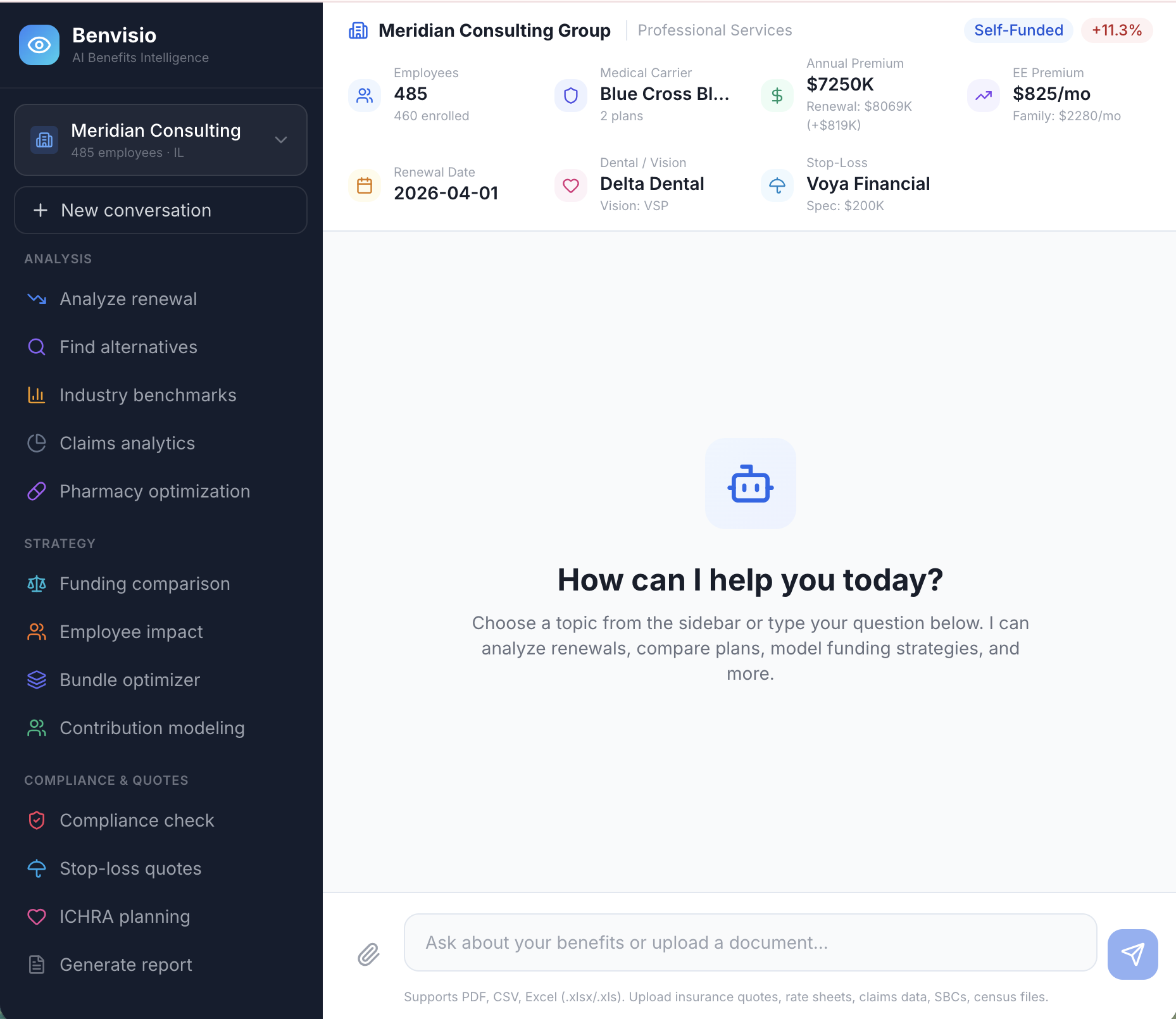 Benvisio AI chat interface showing employer analysis with interactive cards and action buttons