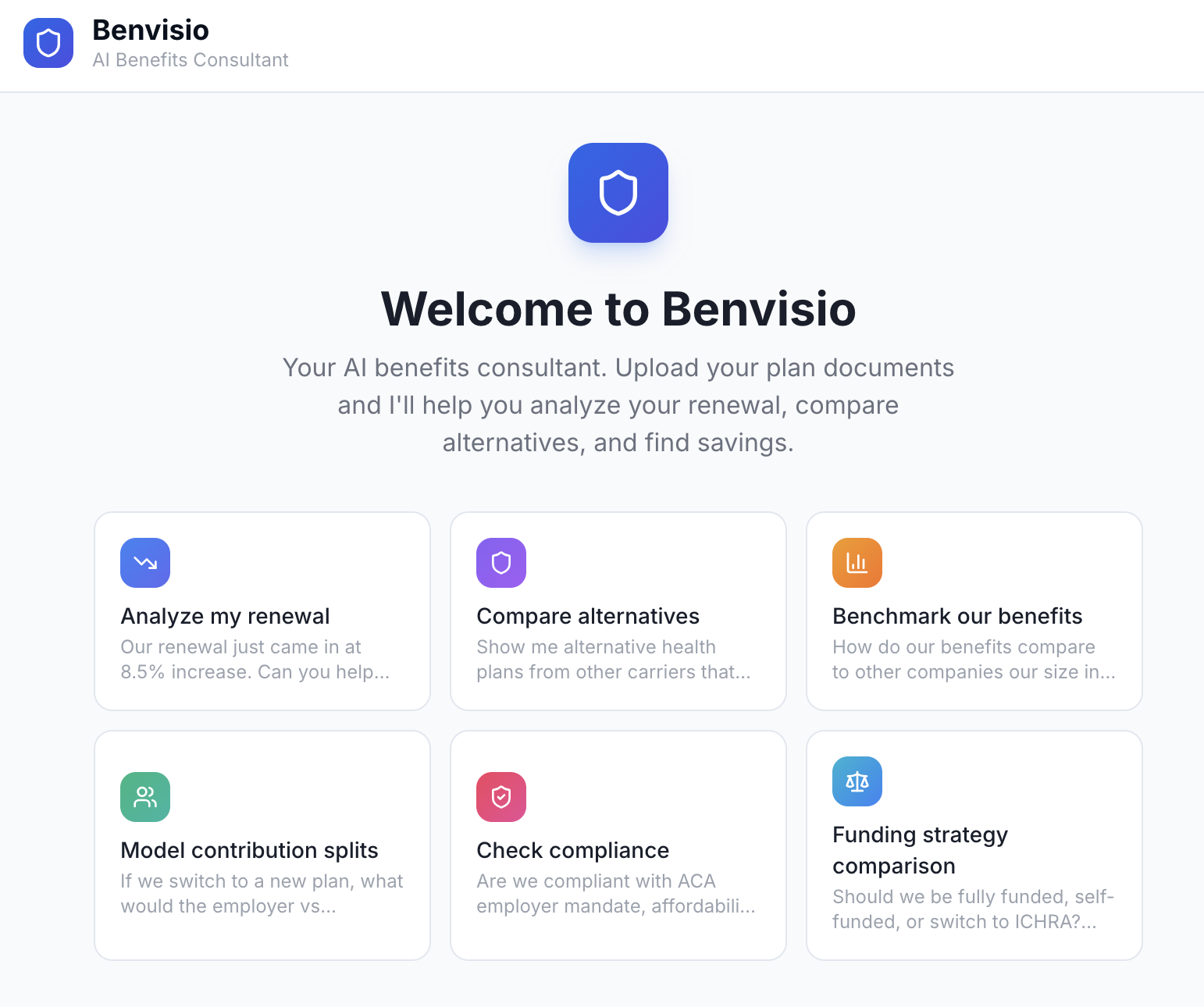 Benvisio AI chat interface showing employer analysis with interactive cards and action buttons